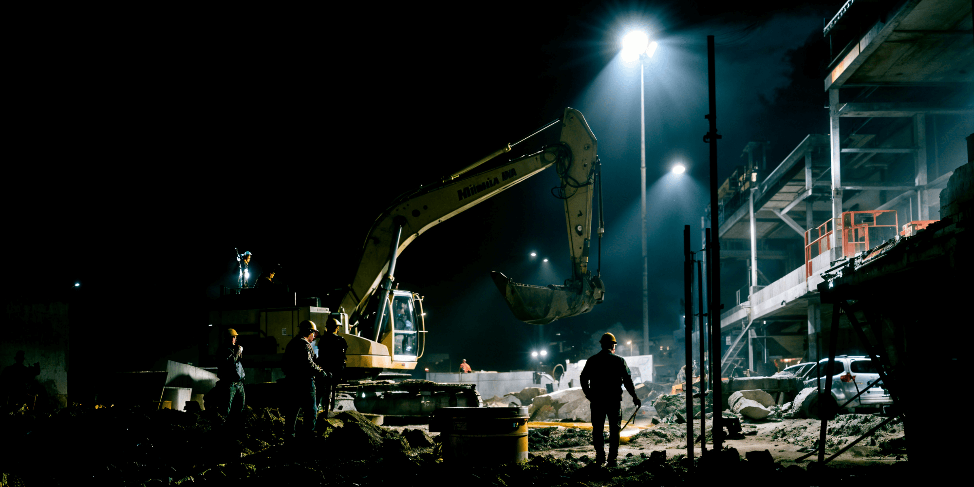 quelques hommes travaillant pendant la nuit avec des machines