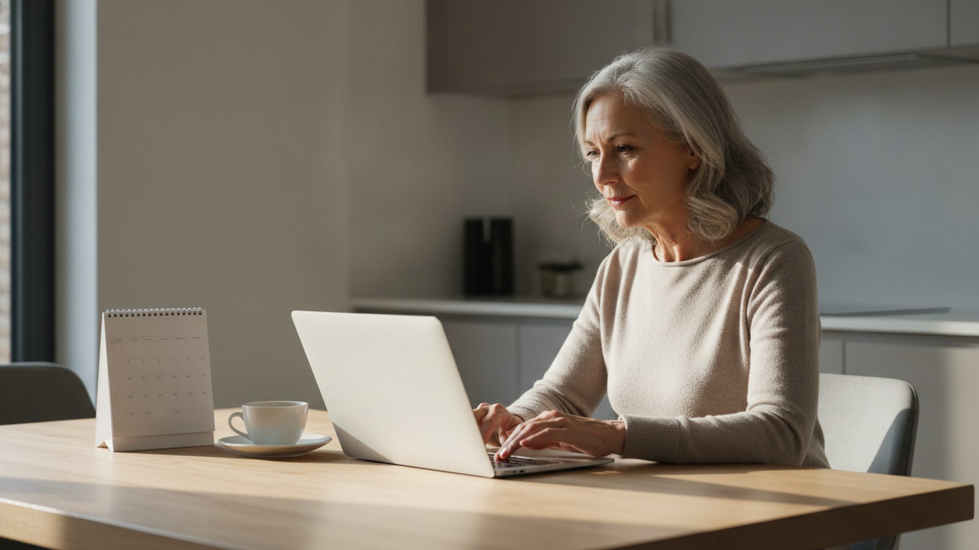 Une femme senior vérifie le calendrier de paiement de sa pension sur son ordinateur portable, à côté d'un calendrier mural