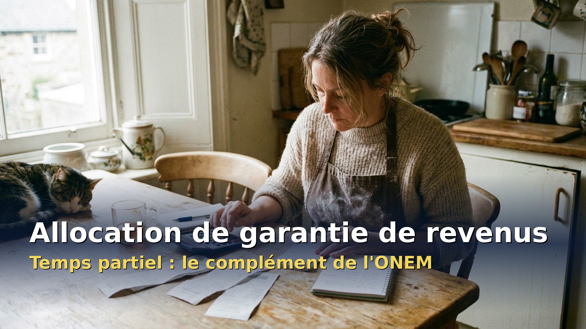 Allocation de garantie de revenus : une travailleuse à temps partiel calcule son complément ONEM à la table de sa cuisine