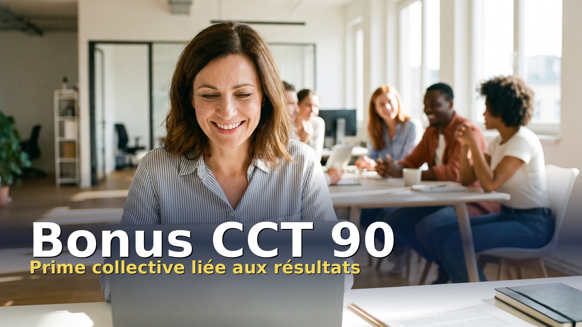 Bonus CCT 90 en Belgique : une employée satisfaite devant son ordinateur, ses collègues en réunion derrière elle