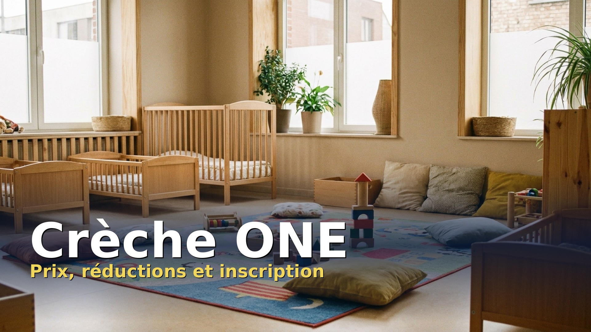 Crèche ONE : salle d'accueil lumineuse avec petits lits en bois, tapis de jeu et jouets