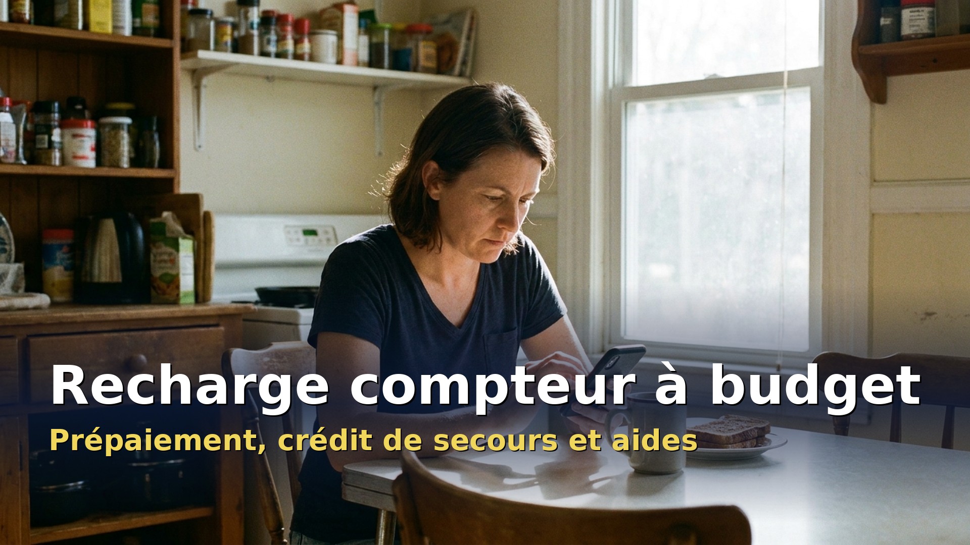 Recharge compteur à budget : femme qui consulte le solde de son compteur d'électricité sur son smartphone dans sa cuisine