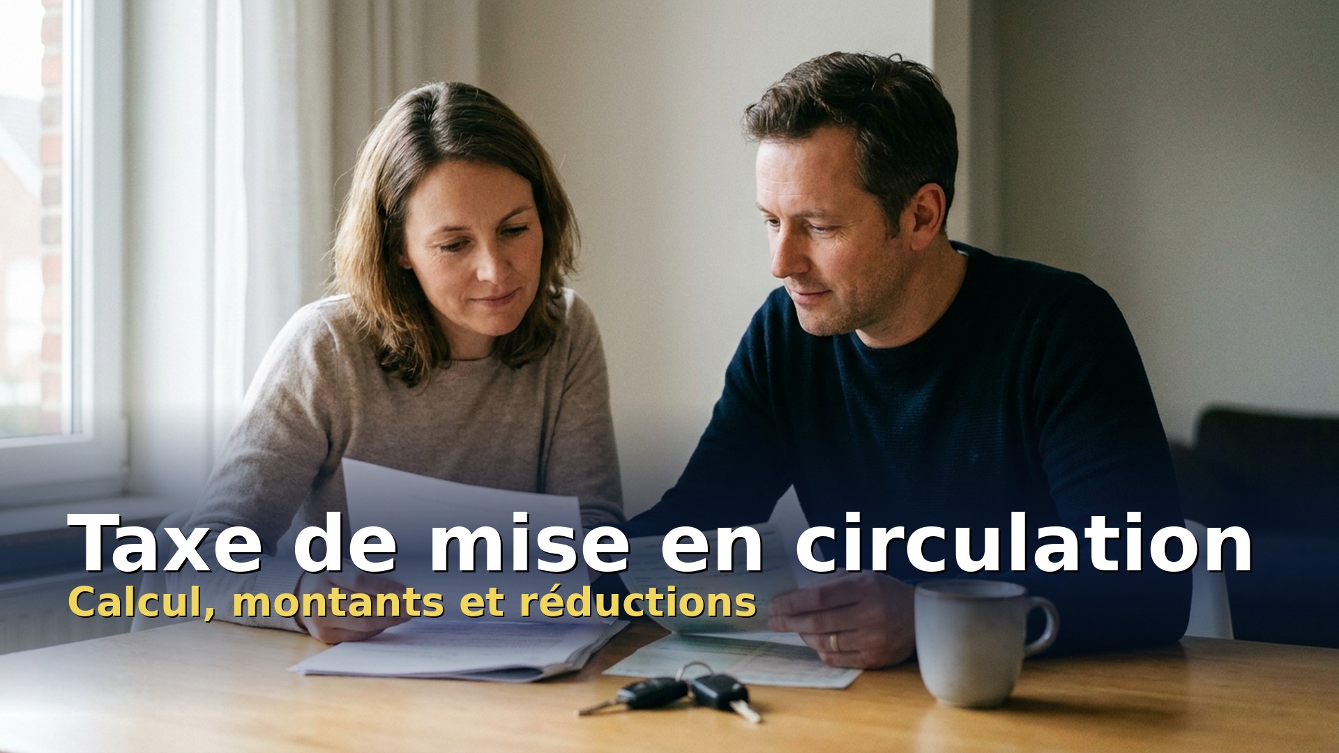 Taxe de mise en circulation : un couple examine le certificat d'immatriculation de sa voiture