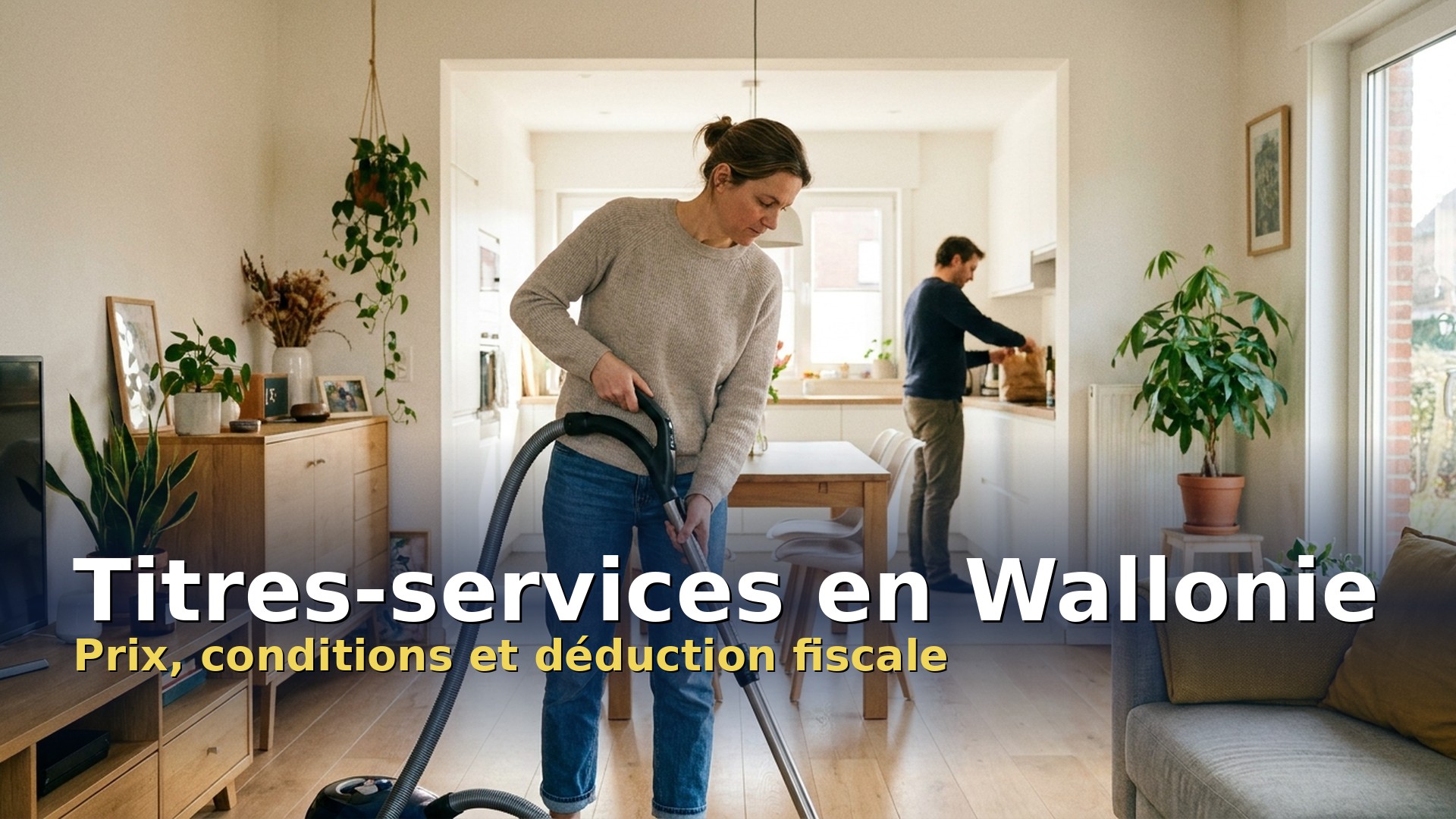 Titres-services en Wallonie : une aide-ménagère nettoie le salon d'un logement wallon