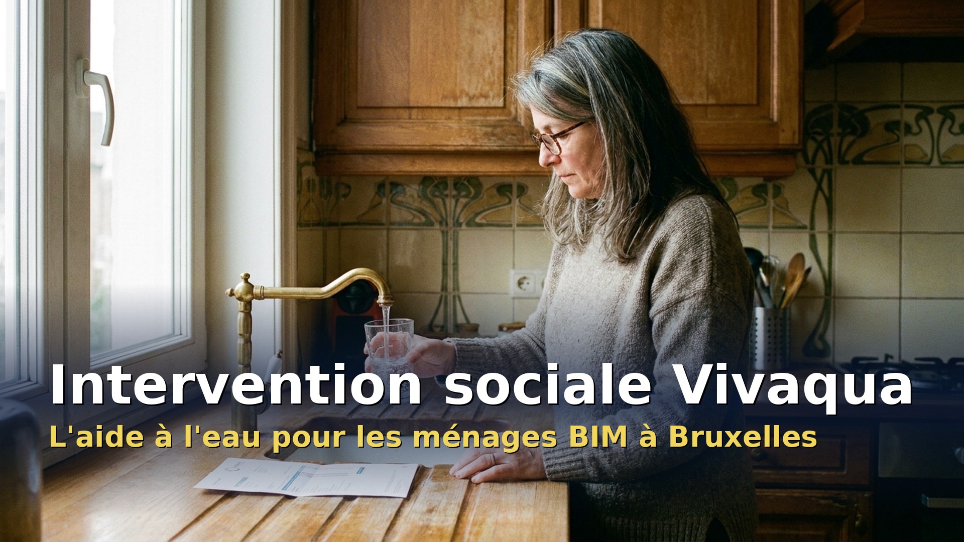 Intervention sociale Vivaqua : femme qui remplit un verre d'eau au robinet de sa cuisine à Bruxelles