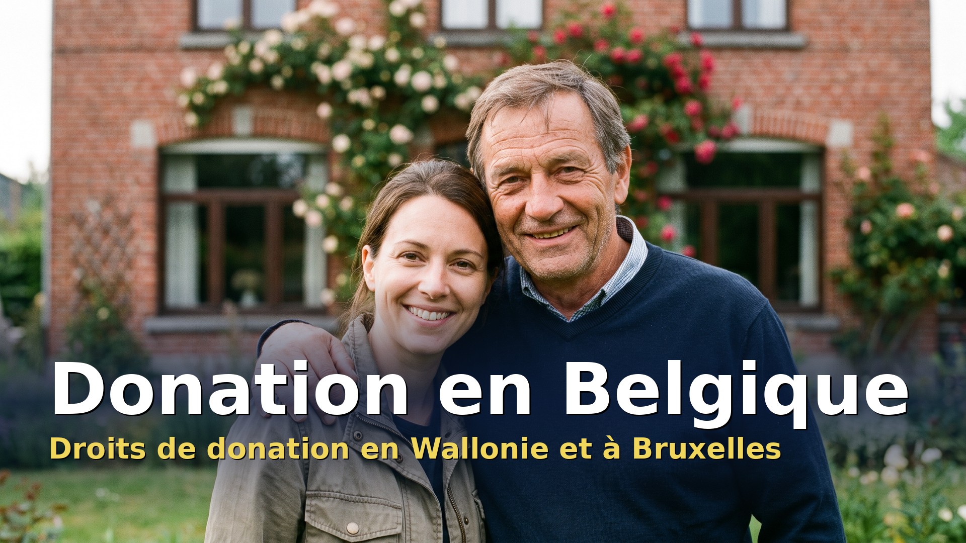 Donation en Belgique : un père et sa fille adulte devant une maison en briques
