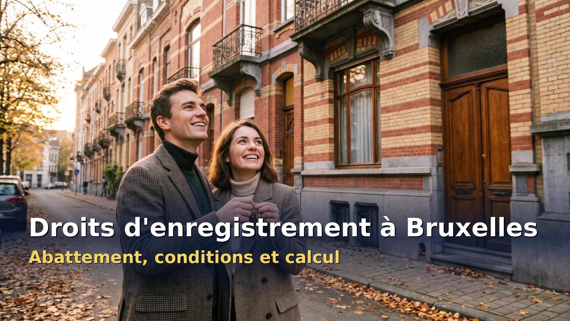 Droits d'enregistrement Bruxelles : couple devant une maison bruxelloise avec les clés