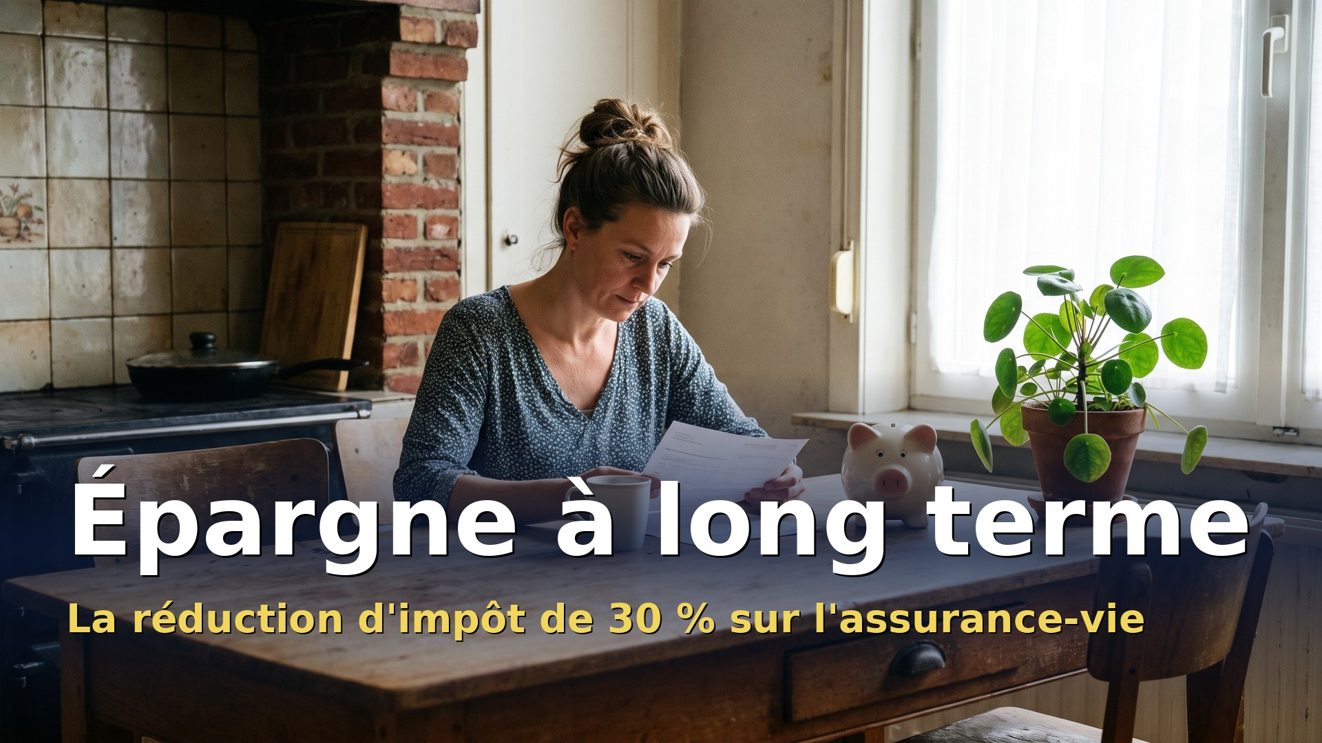 Épargne à long terme : une femme calcule son épargne pour la pension à la table de sa cuisine, à côté d'une tirelire