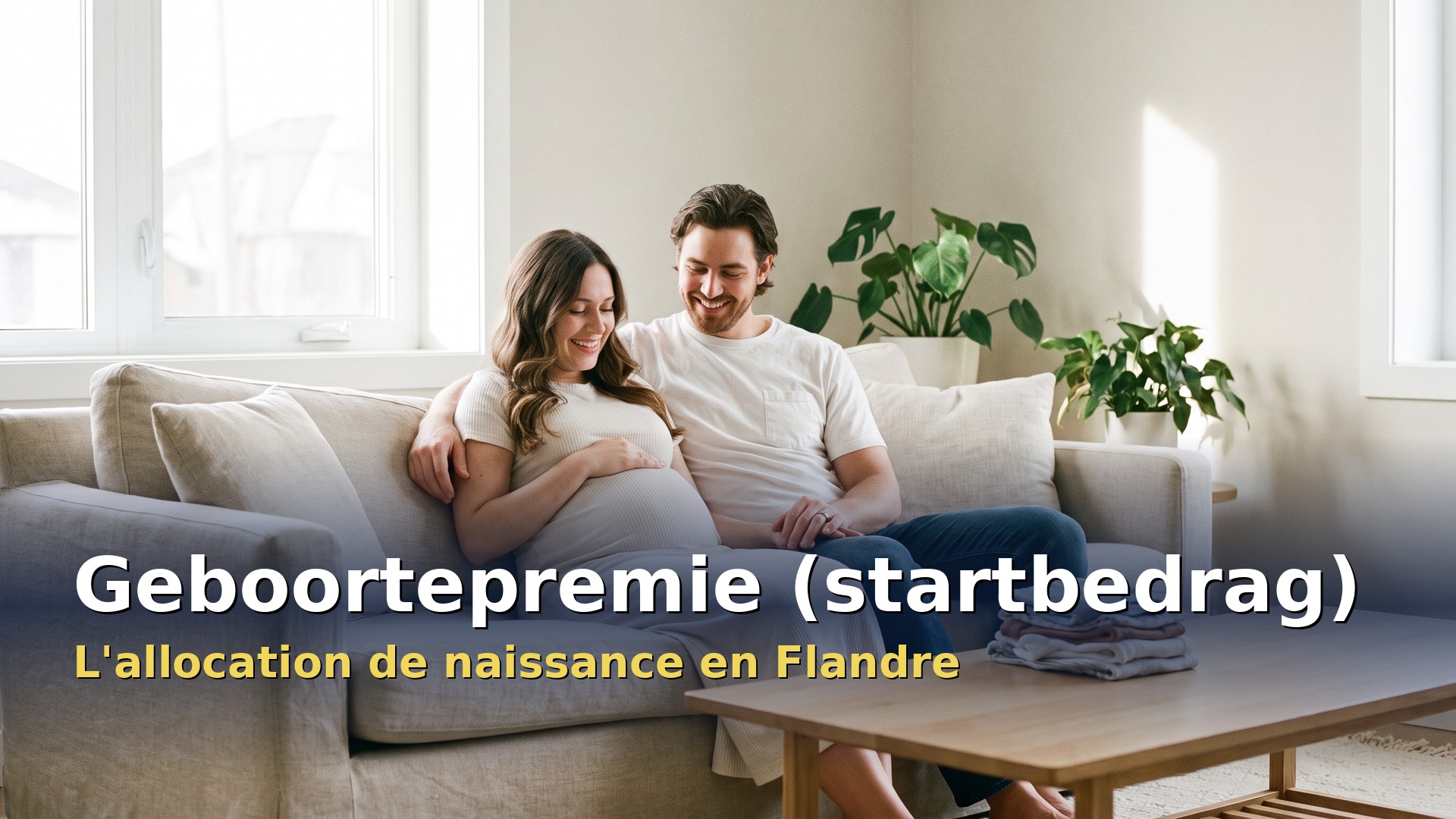 Geboortepremie (startbedrag) en Flandre : un couple de futurs parents sur un canapé avec des vêtements de bébé