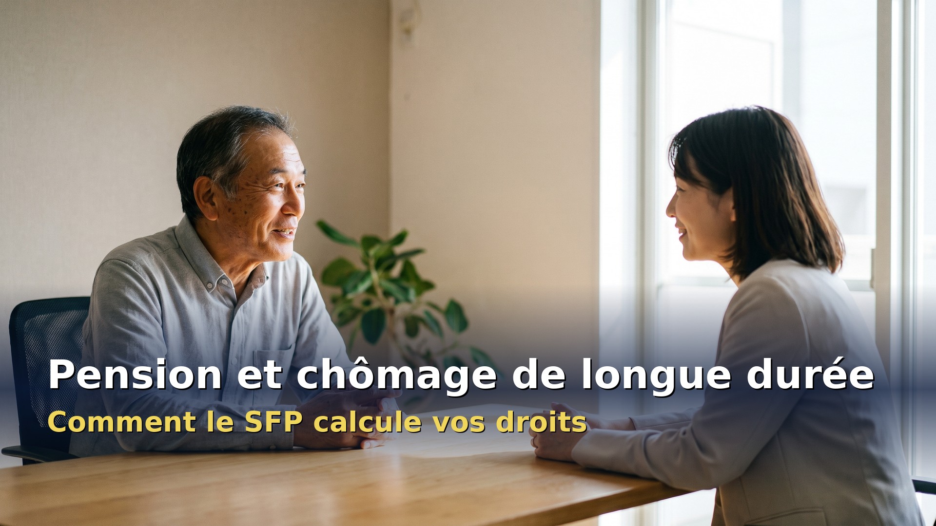 Montant pension chômeur longue durée en Belgique : un senior discute de sa pension avec une conseillère