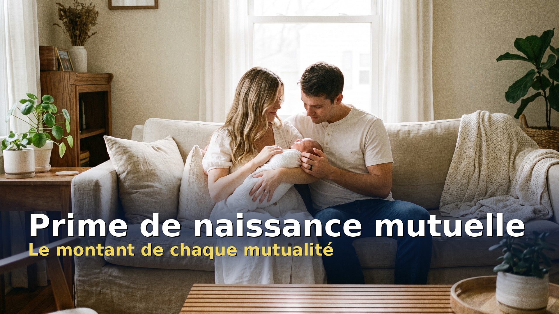 Prime de naissance mutuelle : jeunes parents avec leur nouveau-né dans le salon