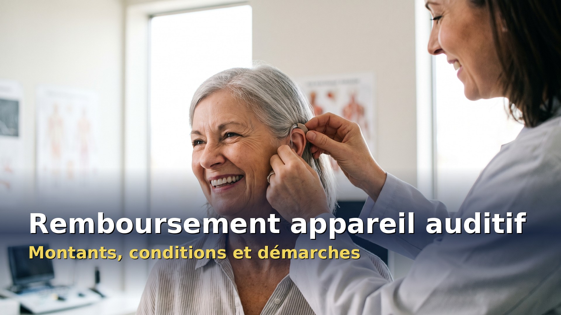 Remboursement appareil auditif par la mutuelle : une audicienne ajuste un appareil auditif à une patiente