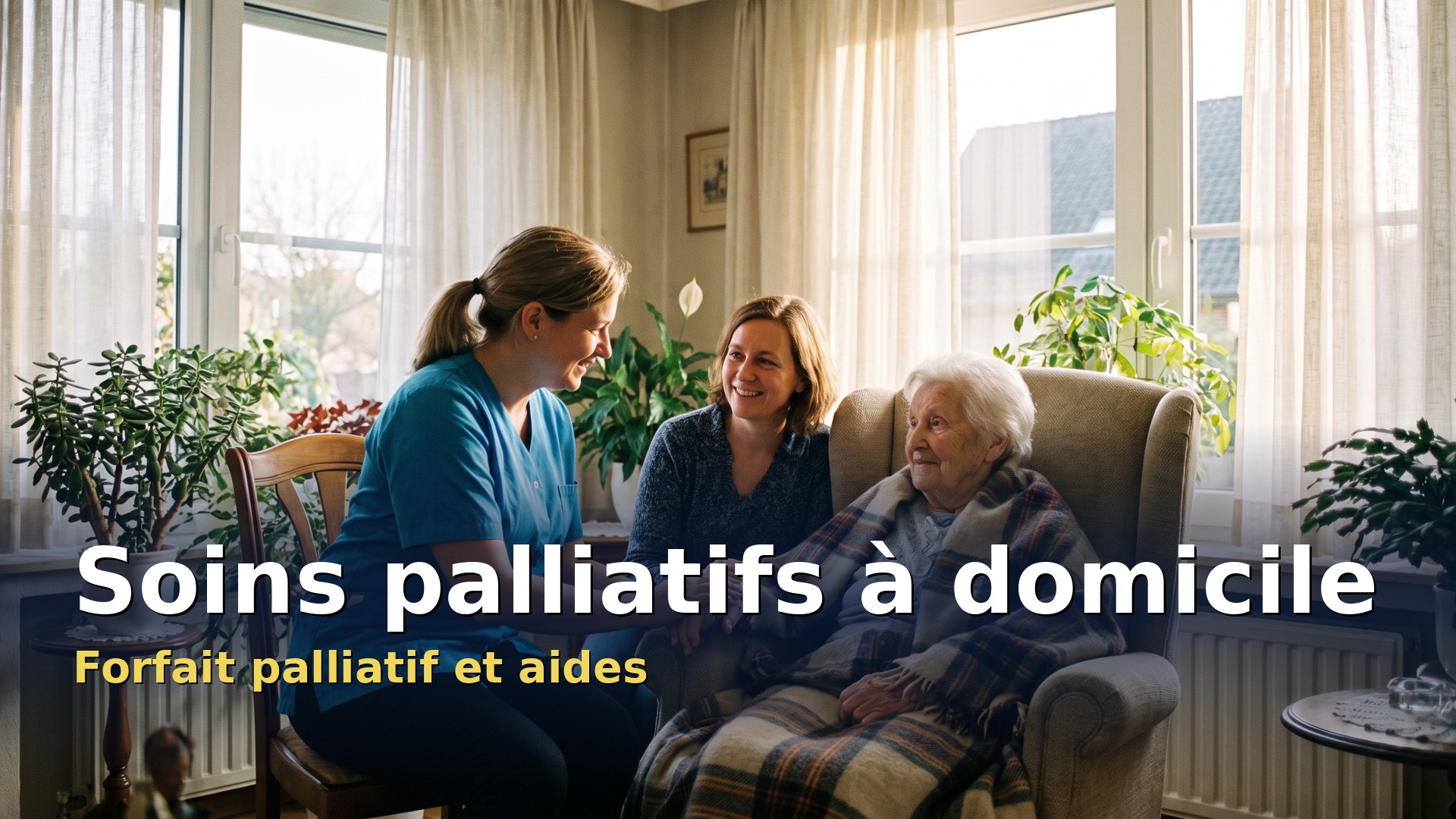 Soins palliatifs à domicile : une infirmière et une proche accompagnent une patiente âgée dans son salon