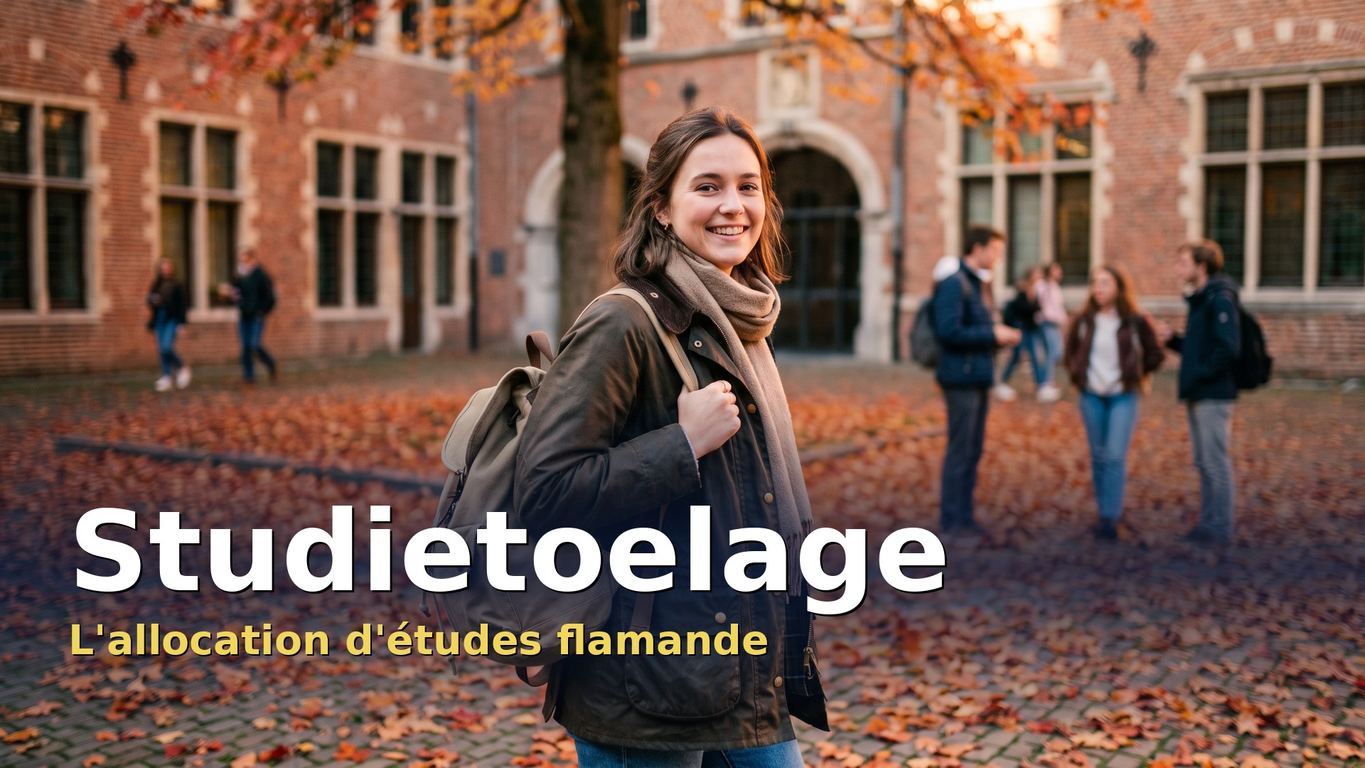Studietoelage : une étudiante avec son sac à dos dans la cour d'une université en Flandre