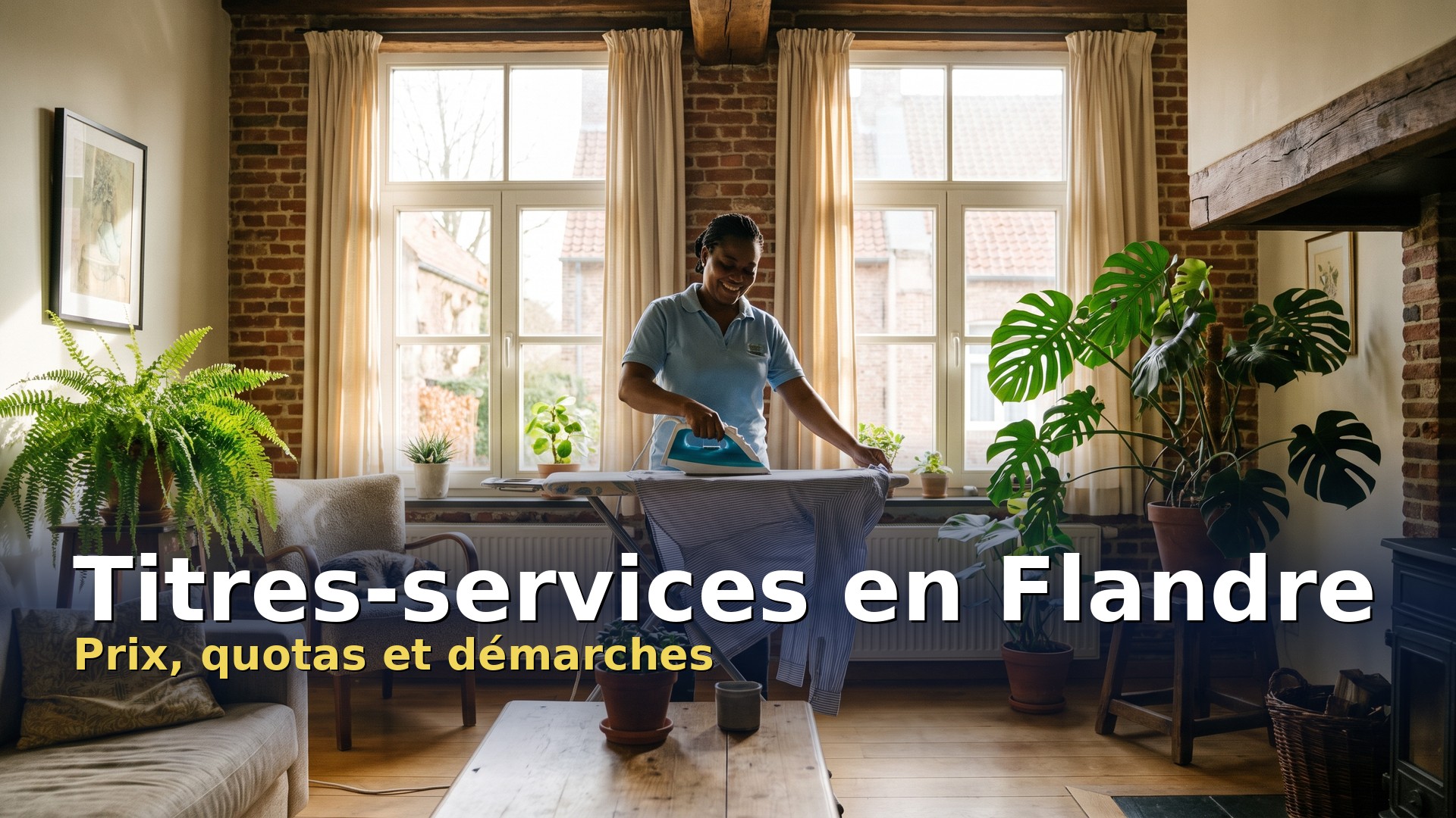 Titres-services en Flandre : une aide-ménagère repasse une chemise dans le séjour d'une maison flamande