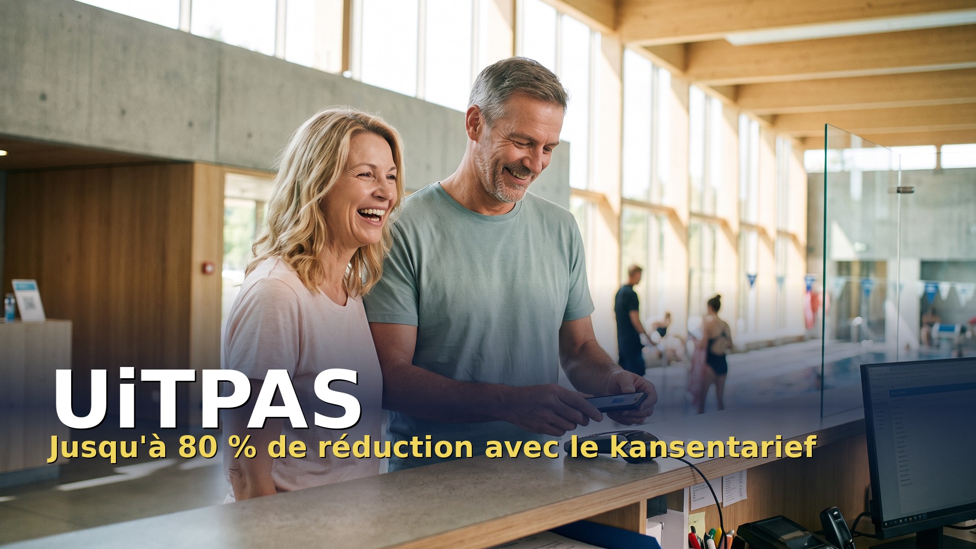 UiTPAS avec kansentarief : un couple paie une activité de loisirs à prix réduit à l'accueil d'une piscine