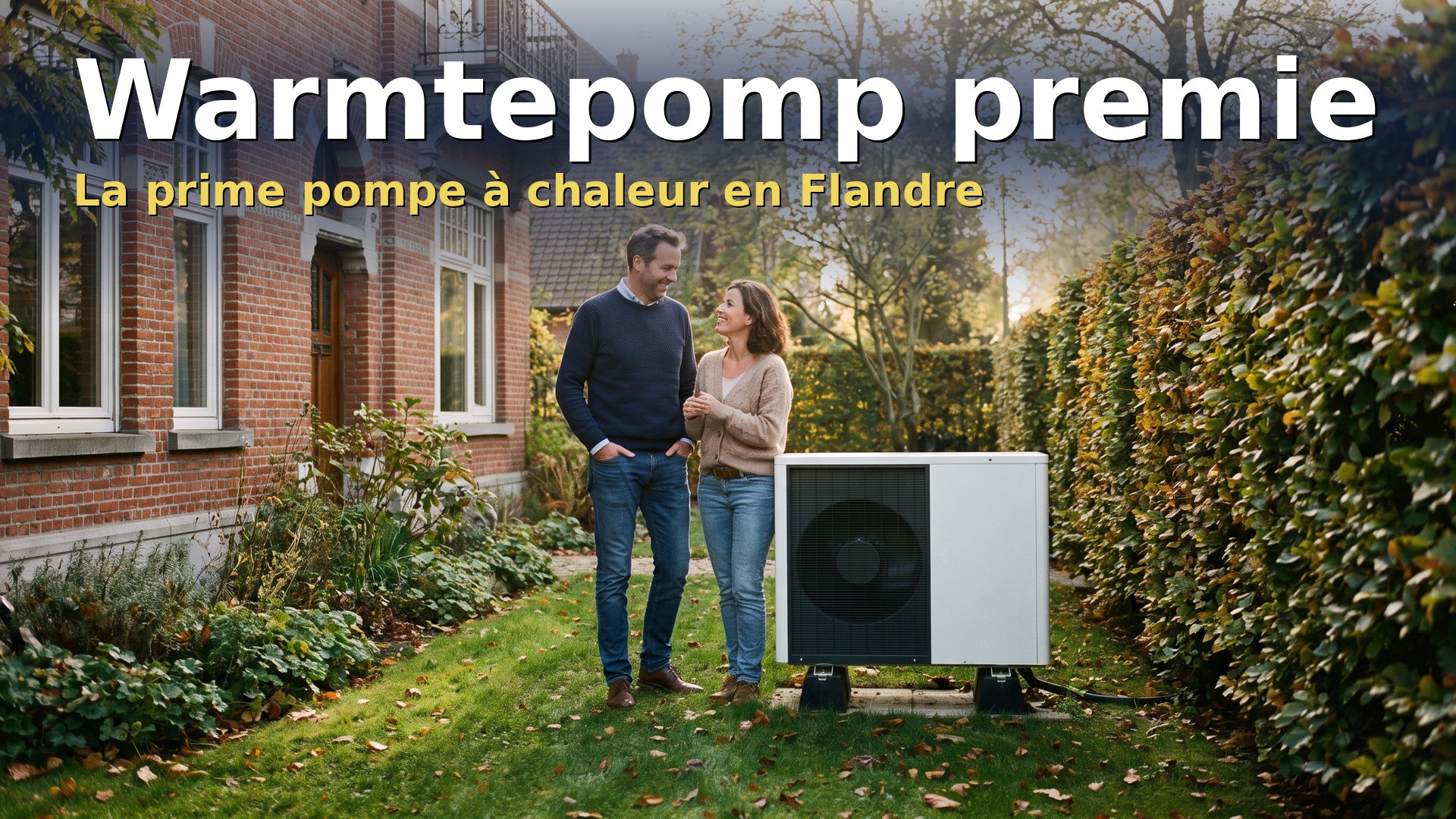 Warmtepomp premie : couple devant une pompe à chaleur air-eau installée dans le jardin d'une maison en Flandre