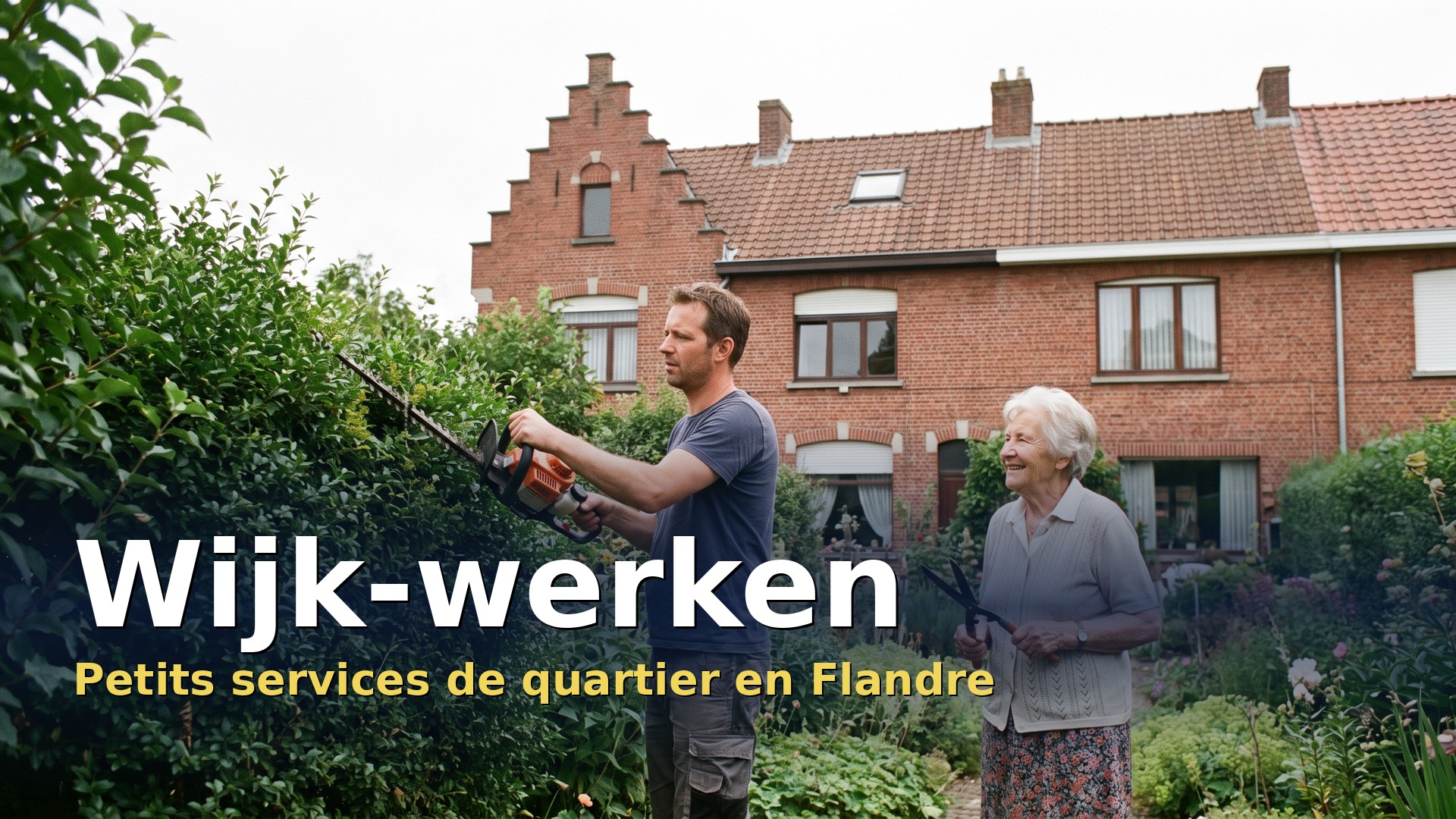 Wijk-werken en Flandre : un wijk-werker taille une haie chez une dame âgée