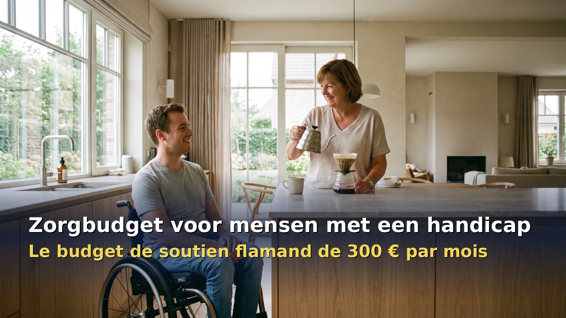 Zorgbudget voor mensen met een handicap : un jeune homme en fauteuil roulant et sa mère dans leur cuisine en Flandre