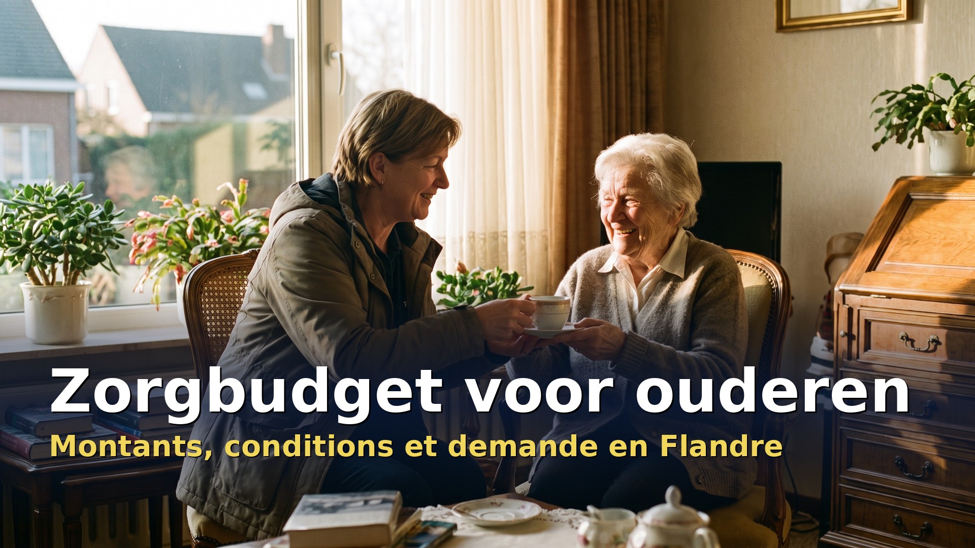 Zorgbudget voor ouderen : une aide familiale apporte une tasse de thé à une dame âgée dans son salon en Flandre